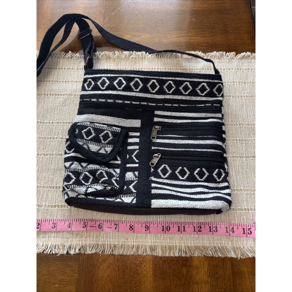 Woven Crossbody/Shoulder Bag Made In India Black/White Adjustable Strap Boho
